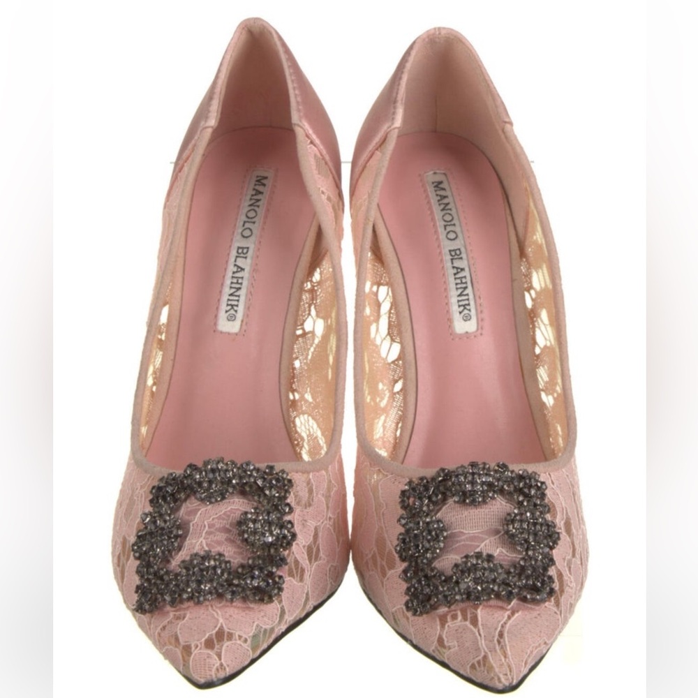 Manolo Blahnik Pink Lace Hangisi Heels with Embellished Buckle